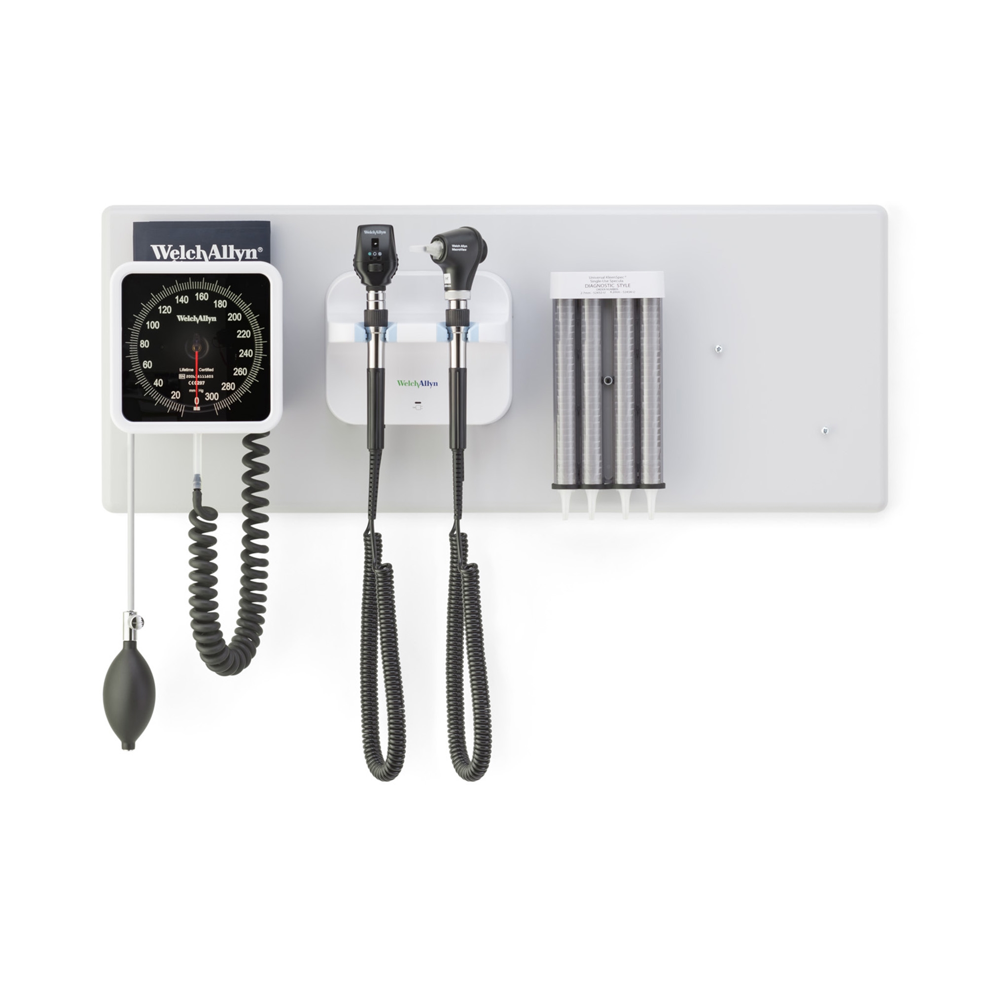 Diagnostic System Welch Allyn Green Series 777 Integrated Wall System w/ Coaxial LED Ophthalmoscope, MacroView Basic LED Otoscope, BP Aneroid, Ear Specula Dispenser (1/EA) by Hillrom/Welch Allyn  ID 777-SM2WAX